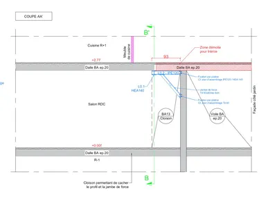 Schéma technique : trémie, poutres IPE et HEA pour escalier dans projet de duplex à Marseille
