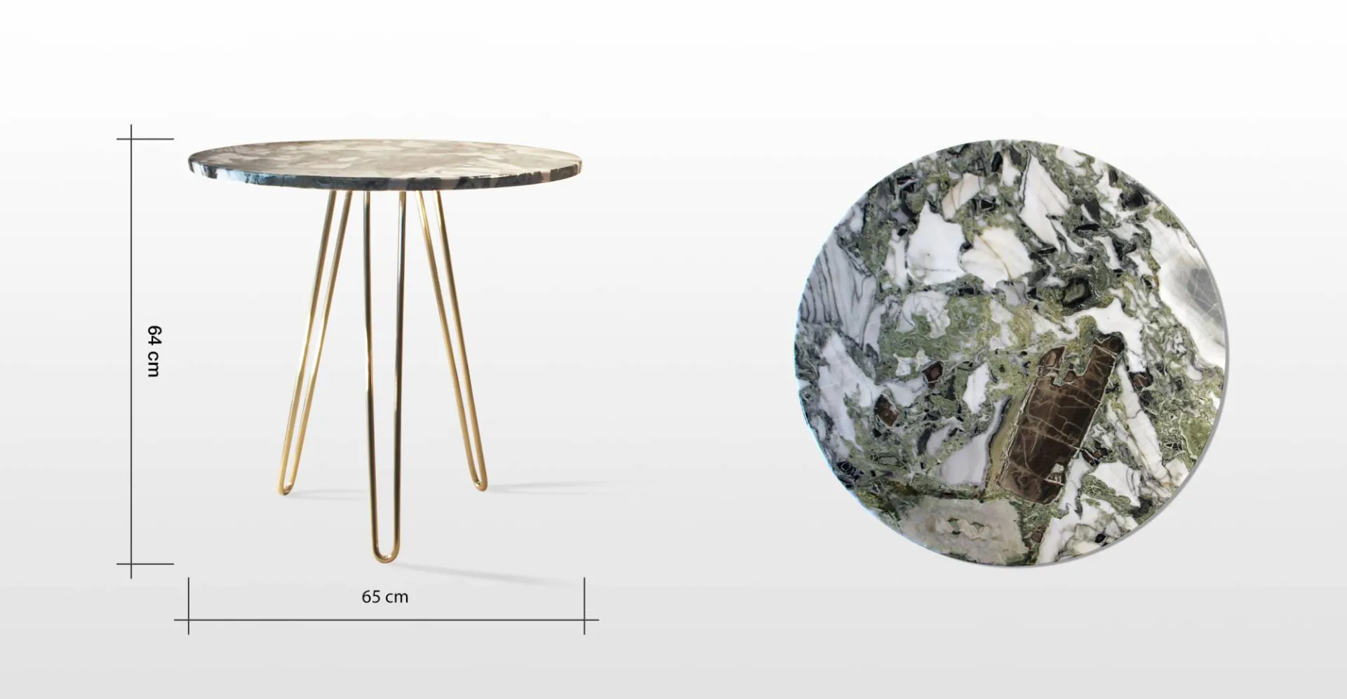 Patty: table basse design vintage en marbre white beauty et pied hairpin legs laiton poli