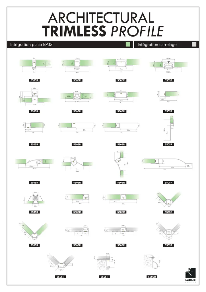 PROFILES LED D'INTEGRATION LEDUX LUMIERE BA13 PLAQUES DE PLATRE ET CARRELAGE 