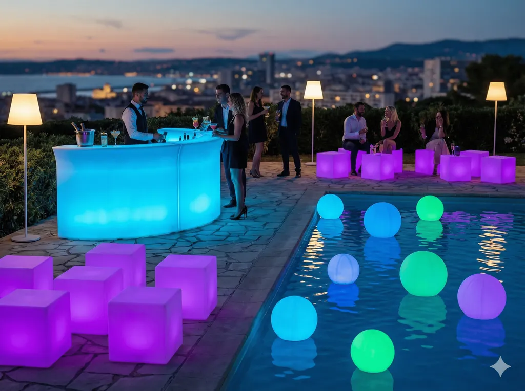 Location mobilier lumineux LED bar arrondi cube boules lampes sur pied autonomie batterie pour soirée événement à Marseille et ses alentours