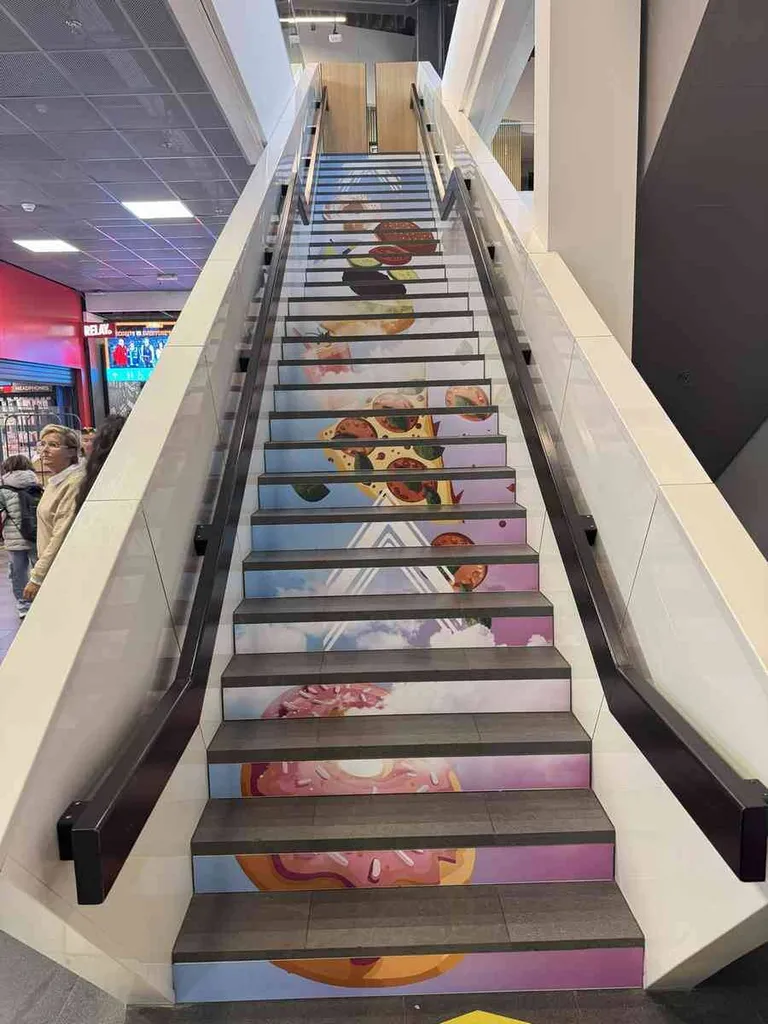 Pose d'adhésifs dans les escaliers d'un aéroport européen