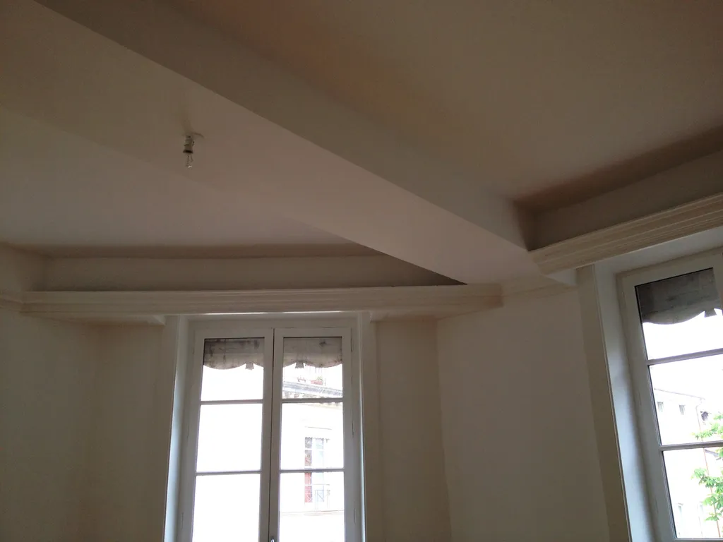 Plafond avec corniches restaurées pour préserver le cachet haussmannien