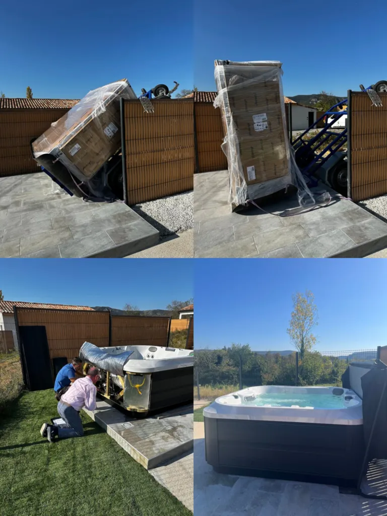 Livraison et installation par nos équipes spécialisées d'un Jacuzzi J332 à Vallon pont d'Arc en Ardèche