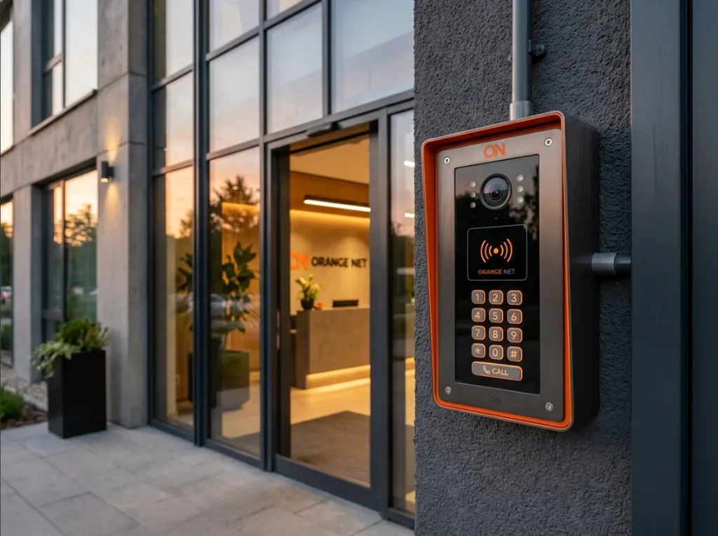 Panneau interphone vidéo IP Net2 Entry installé en façade d'entreprise — lecteur RFID, caméra vision nocturne et clavier numérique pour contrôle d'accès SIP