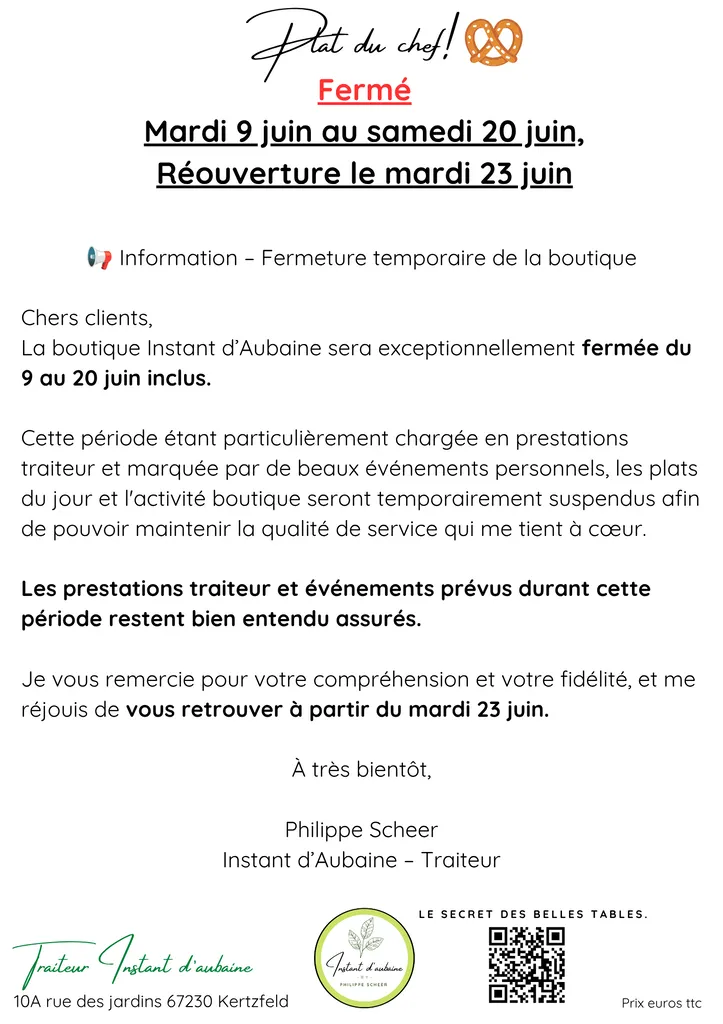 Fermeture temporaire de la boutique – Du 9 au 20 juin 2026