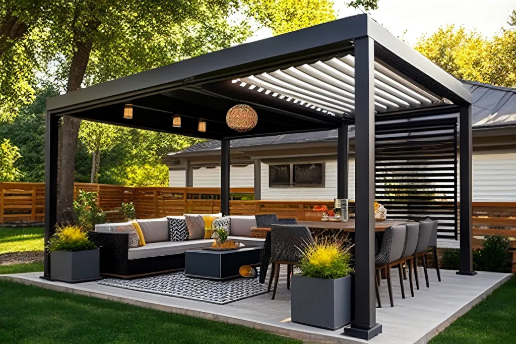 Installation de pergola à toiture fixe ou vitrée à Ecully, design durable et personnalisable avec options domotique et stores motorisés