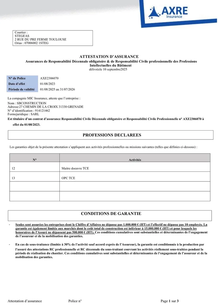 Attestation d'assurance de Responsabilité Décennale et de Responsabilité Civile - p1