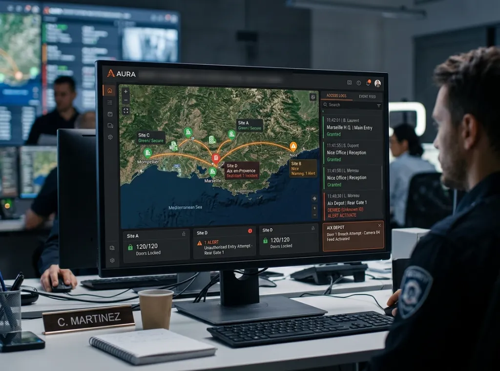 Tableau de bord logiciel contrôle d'accès cloud multi-sites avec carte des établissements connectés et historique des accès