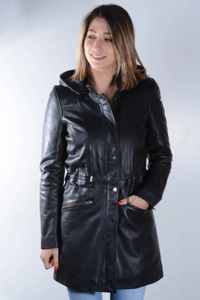 manteau cuir noir noir Black Lines femme