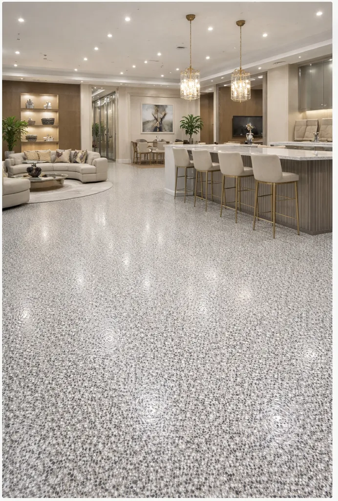 Réalisation d’un sol décoratif en résine polyaspartique avec paillettes PVC pour espace intérieur haut de gamme situé à Bordeaux, à proximité du quartier Caudéran