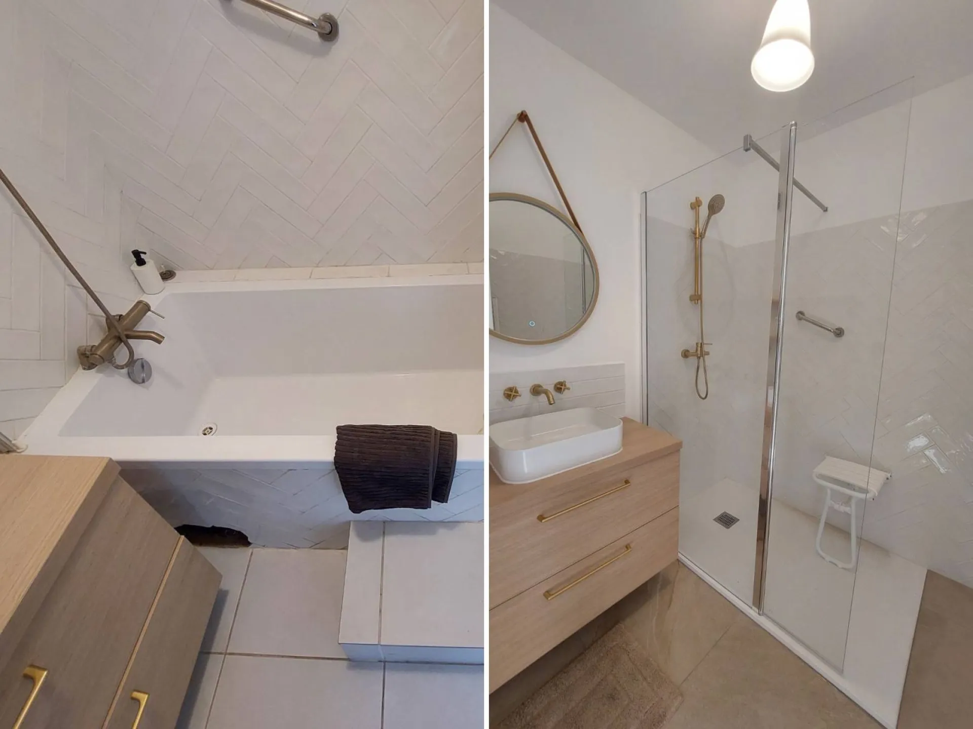 Avant/Après d'une rénovation de baignoire en douche dans une salle de bain à Hyères dans le Var