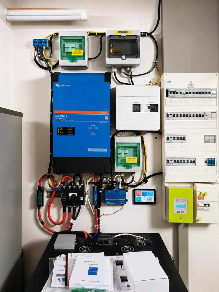 Installation d'un onduleur-chargeur Victron MultiPlus-II et de deux batteries lithium Pylontech pour optimiser l'autoconsommation photovoltaïque en région PACA