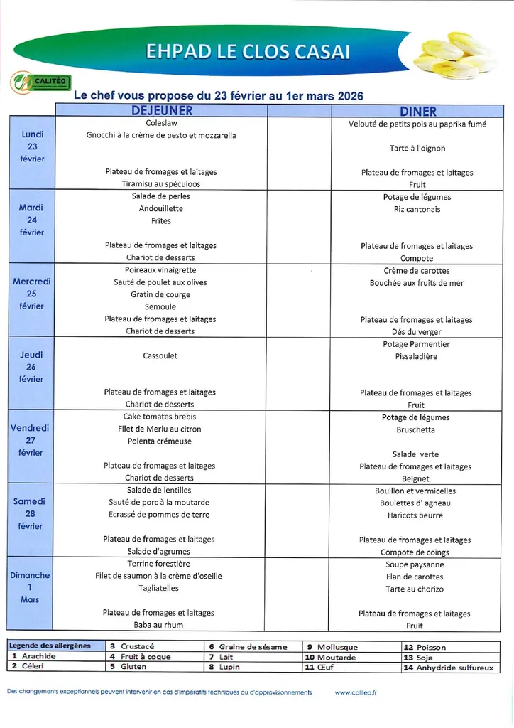 Menu du lundi 23 février au dimanche 1er mars 2026