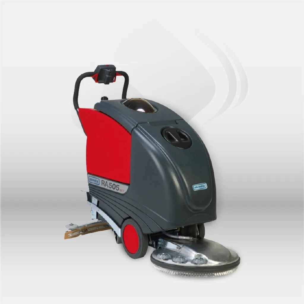 Autolaveuse autoportée à batterie Cleanfix RA 505 IBCT pour nettoyage professionnel des sols industriels et collectivités, équipée d’une traction automatique et d’un système de dosage chimique intelligent pour un lavage efficace et économique – disponible