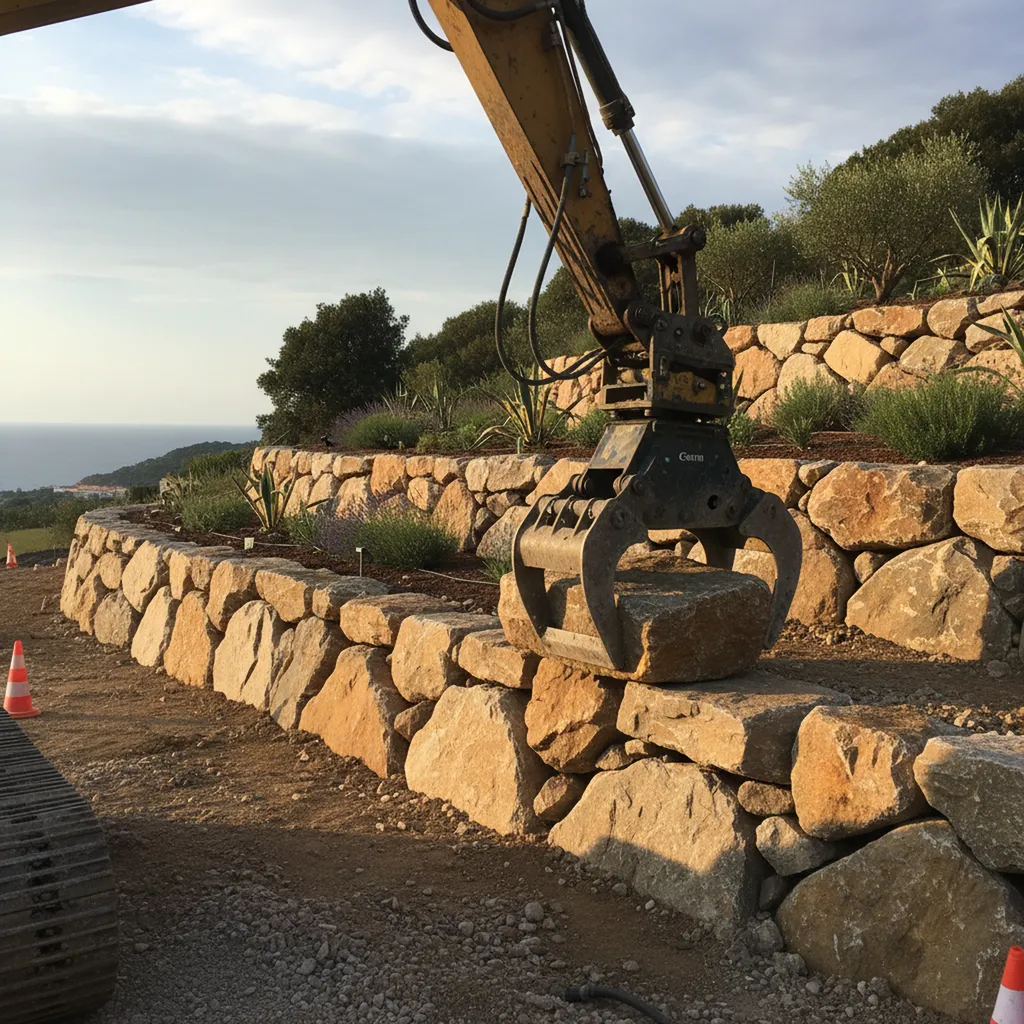 Soutènement de talus par enrochement paysager à Mandelieu-la-Napoule vers Théoule-sur-Mer : manipulation de blocs rocheux à la pince de tri hydraulique.