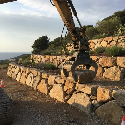 Soutènement de talus par enrochement paysager à Mandelieu-la-Napoule vers Théoule-sur-Mer : manipulation de blocs rocheux à la pince de tri hydraulique.
