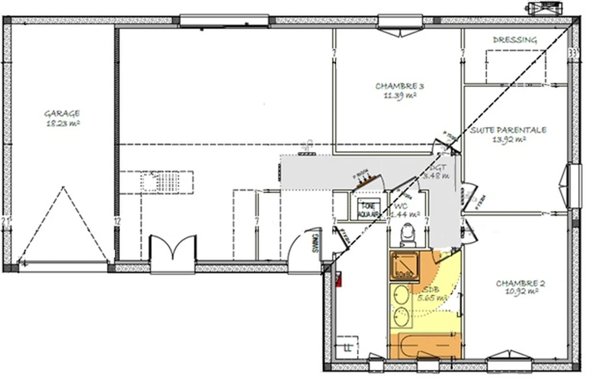 Maison en L de 91 m² avec garage de 18 m²