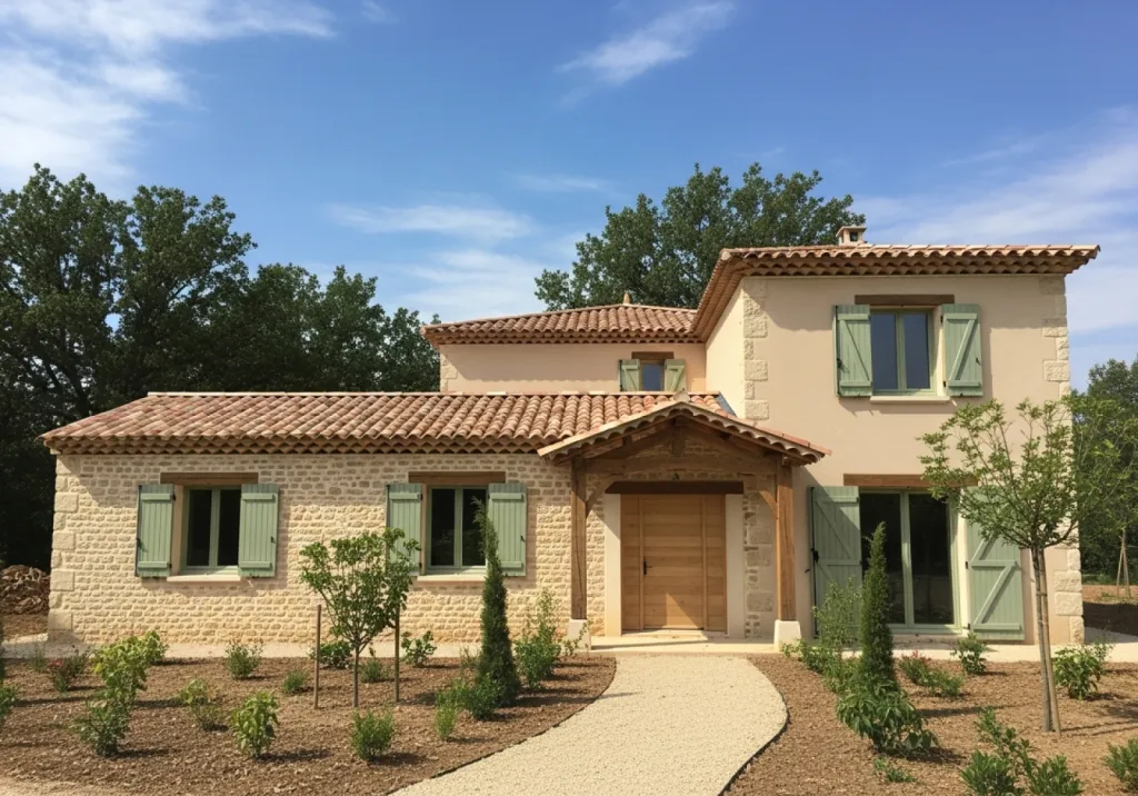 Construction d'une maison traditionnelle avec toiture tuiles et enduit gratté à Sainte Maxime dans le Var 83120