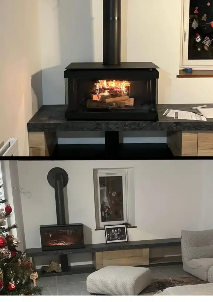 Installation d’un poêle à bois M-design Venus in the box 850 DC avec banc en pierre sur mesure à Ornex (01)