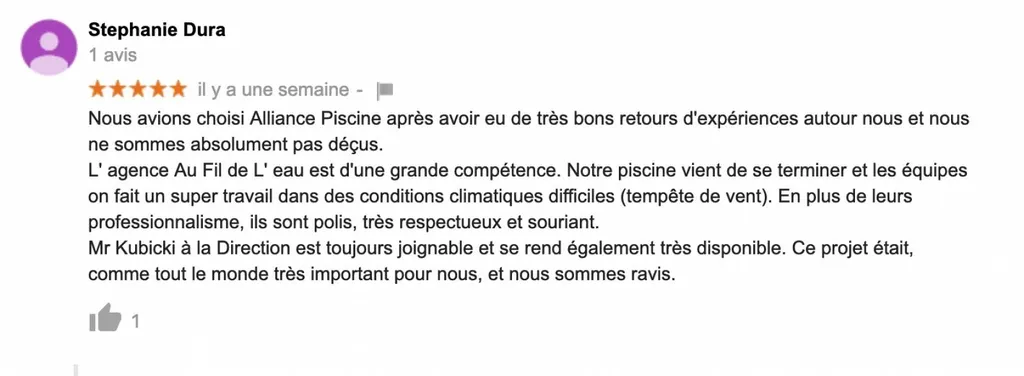 avis client pour l'installation d'une piscine coque polyester alliance piscines