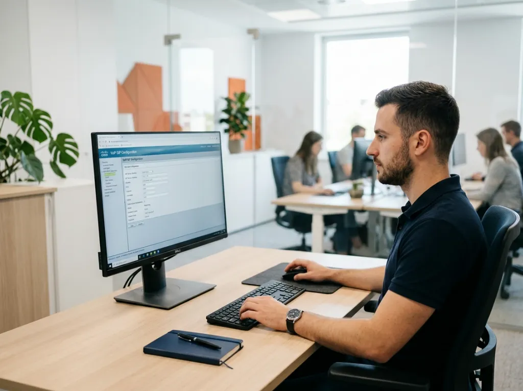 Technicien réseau configurant l'extension SIP du Paxton Net2 Entry sur un serveur VOIP 3CX — paramétrage des extensions, plan de numérotation et transport RFC2833