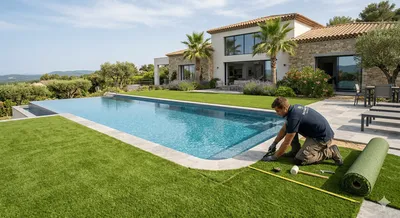 Pose de gazon synthétique autour de piscine avec préparation du sol et finitions durables à Vidauban - Installateur de pelouse artificielle pour jardins de particuliers à Draguignan