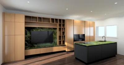 Réalisation d'une cuisine noire et plaquée bois en première ligne à Pyla sur mer