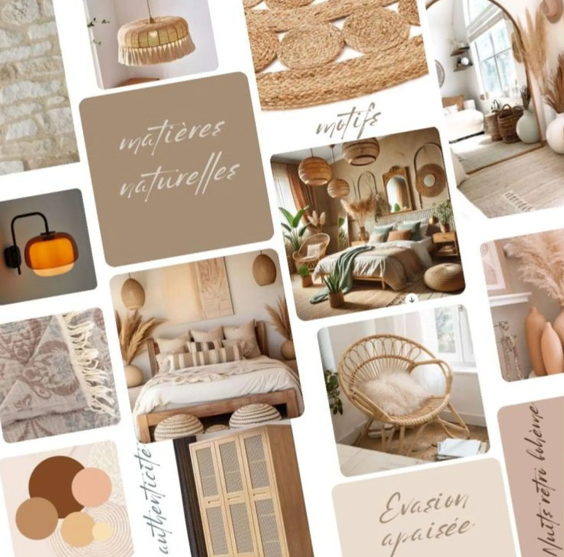 planche d'ambiance chambre dans le style retro bohème à Libourne 