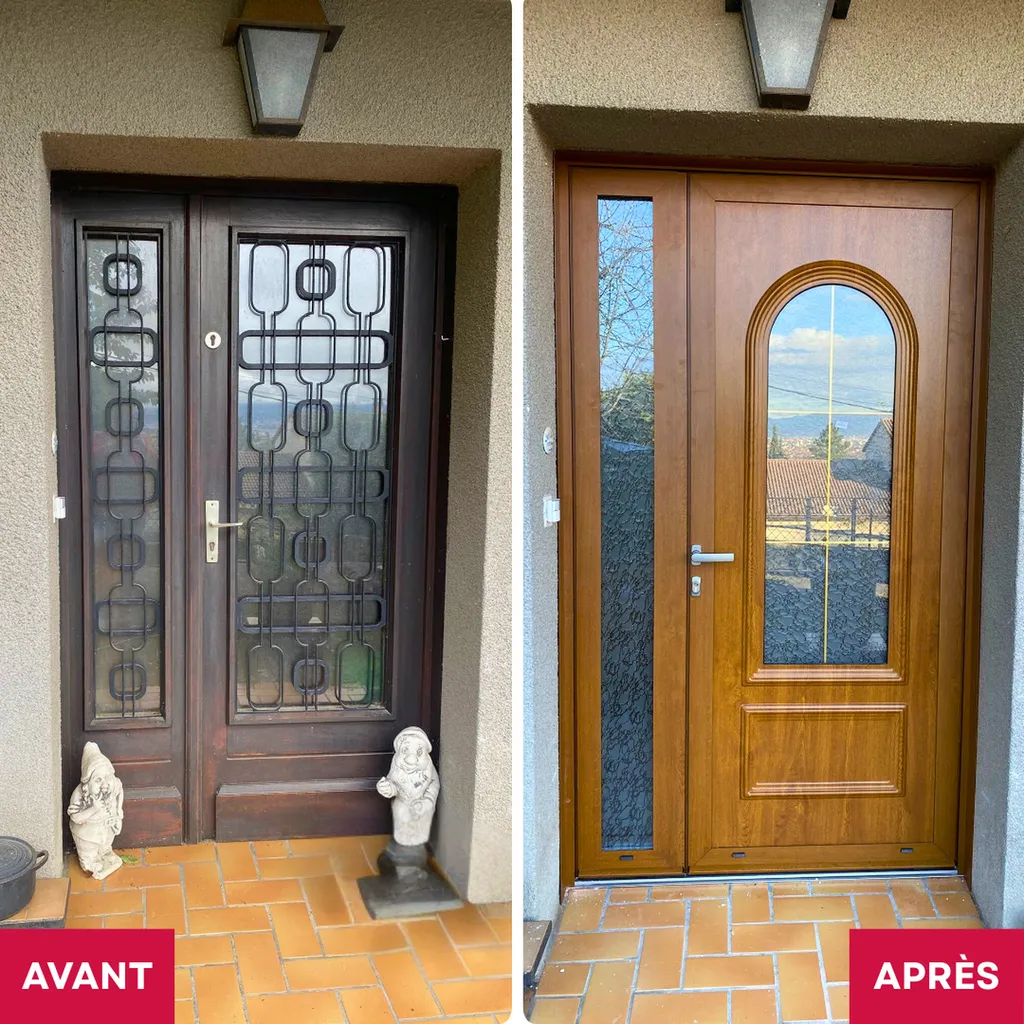 Pose d'une porte d'entrée en aluminium imitation bois avec semi-fixe latéral et vitrage décoratif à Lempdes dans le Puy-de-Dôme 63