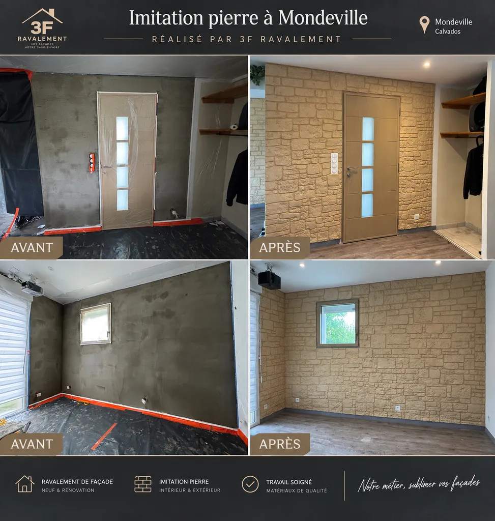 Imitation pierre intérieur entièrement réalisé à la main sur murs en placo par 3F Ravalement à Mondeville dans le Calvados