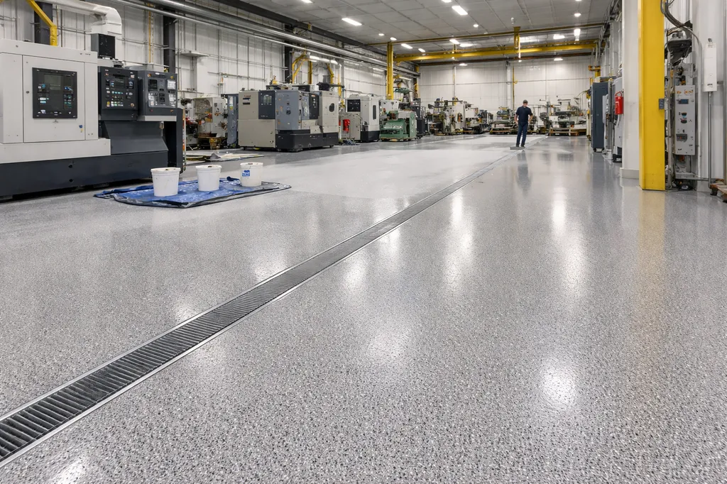 créer une photo réaliste pas ressemblante à de l'IA qui ne comporte pas de personne ni de texte de ce titre : Application d’un système de résine époxy quartz Color haute résistance mécanique pour sol d’atelier de production industrielle situé à Talence, à