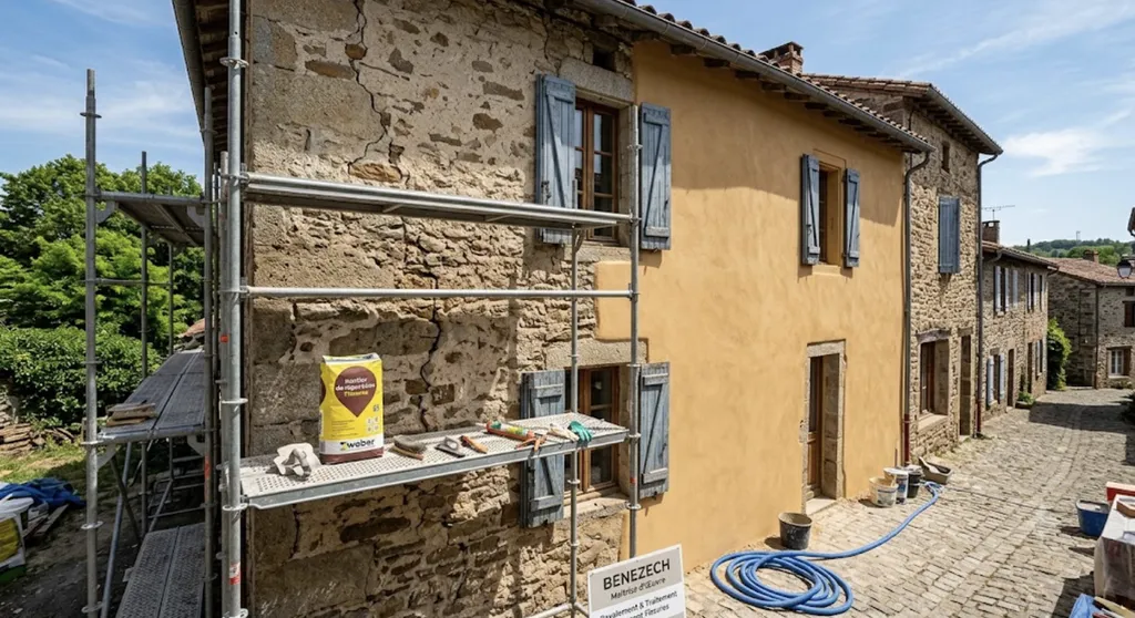 Suivi de chantier par notre cabinet de maîtrise d’œuvre à Carmaux : diagnostic et traitement des fissures structurelles avant l'application d'un enduit hydrofuge traditionnel sur une maison tarnaise.
