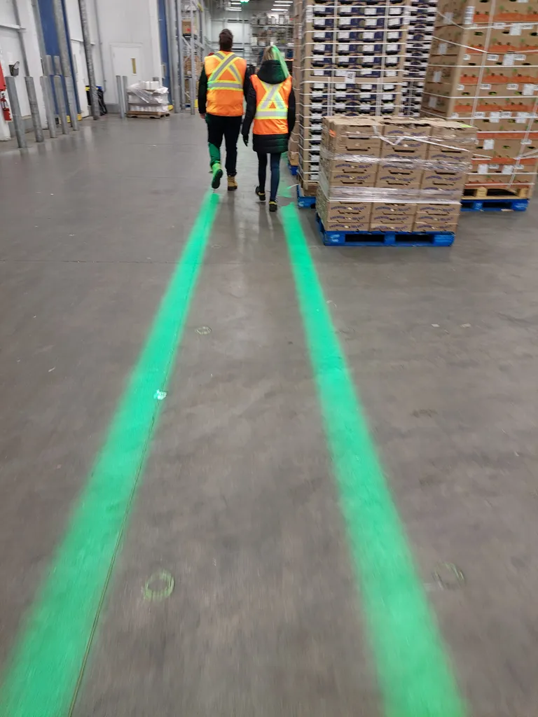 Projection d'une allée piétonne grâce à des lignes en zone logistique##details-les+projecteurs+virtualine+de+laserglow+technologies+ameliorent+durablement+la+visibilite+des+allees+pietonnes+dans+les+entrepots+logistiques-161