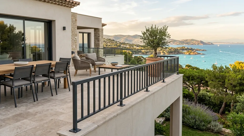 Installation de garde-corps de sécurité pour terrasses à Toulon vers Six-Fours-les-Plages : barreaudage robuste et respect des normes NF