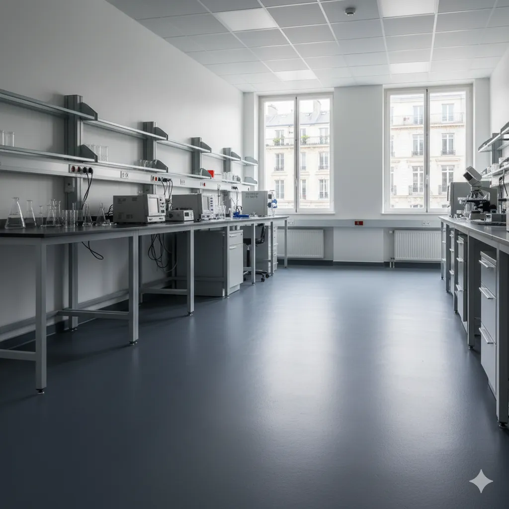 Application de résine technique antistatique ESD pour sol de laboratoire professionnel située à Paris à proximité immédiate du 13ᵉ arrondissement