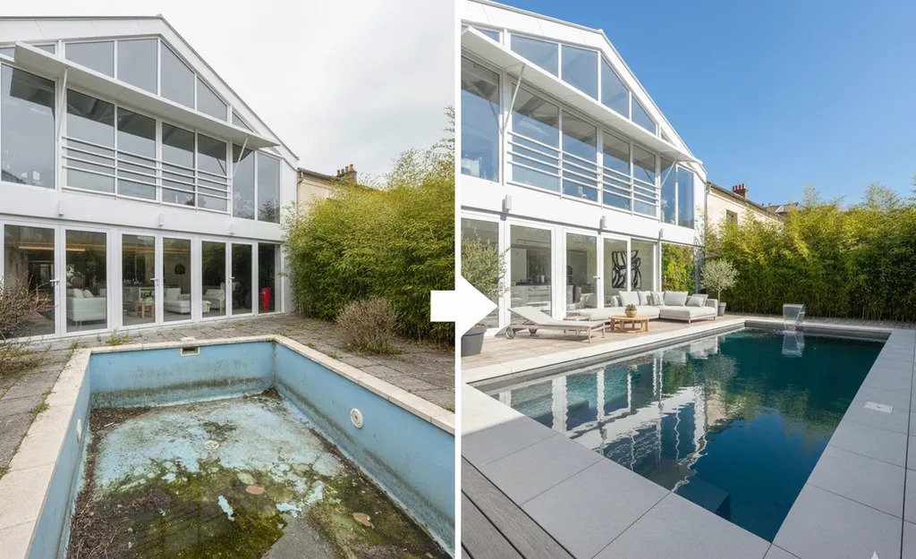 Avant/Après Rénovation complète et changement de forme d'une piscine à Caudéran, Bouscat - Areva Piscine