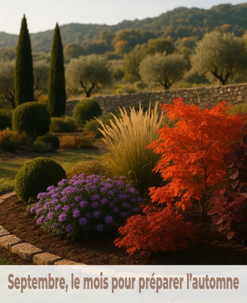 Massif automnal structuré mêlant floraisons tardives et feuillages décoratifs.