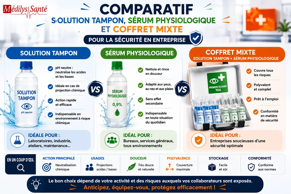 Comparatif entre solution tampon, sérum physiologique et coffret mixte pour la sécurité en entreprise.