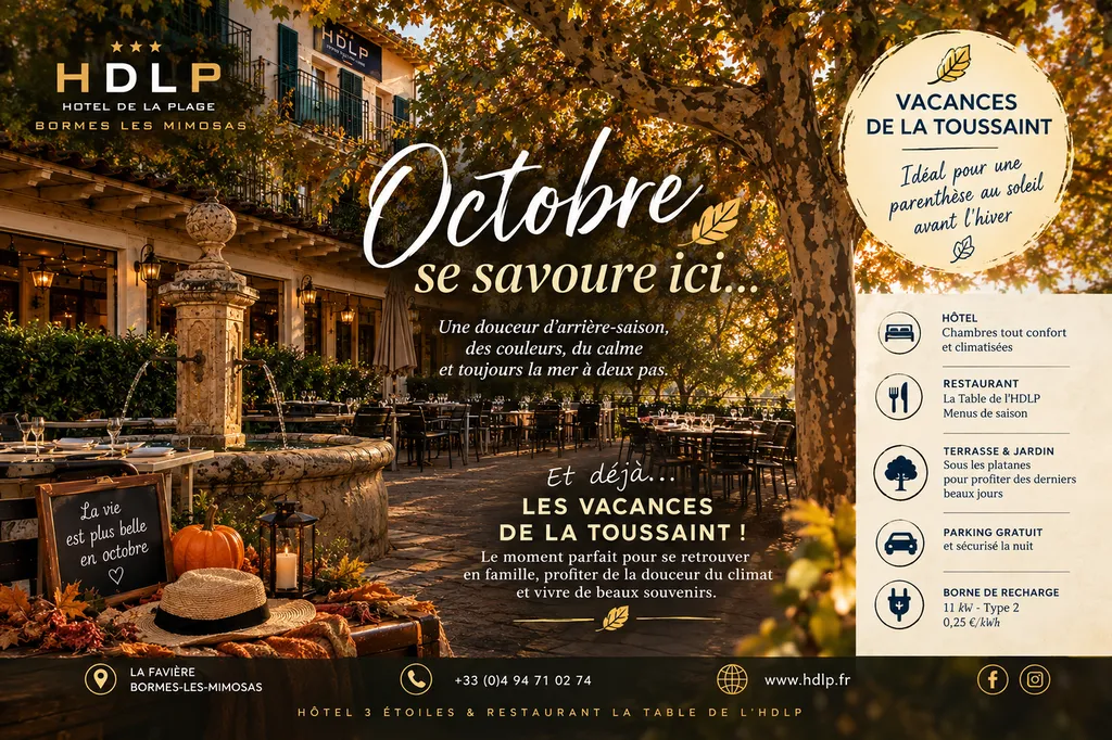 Octobre en bord de méditerranée, l'Hôtel de La Plage de Bormes Les Mimosas est ouvert en octobre et pendant les vacances de Toussaint