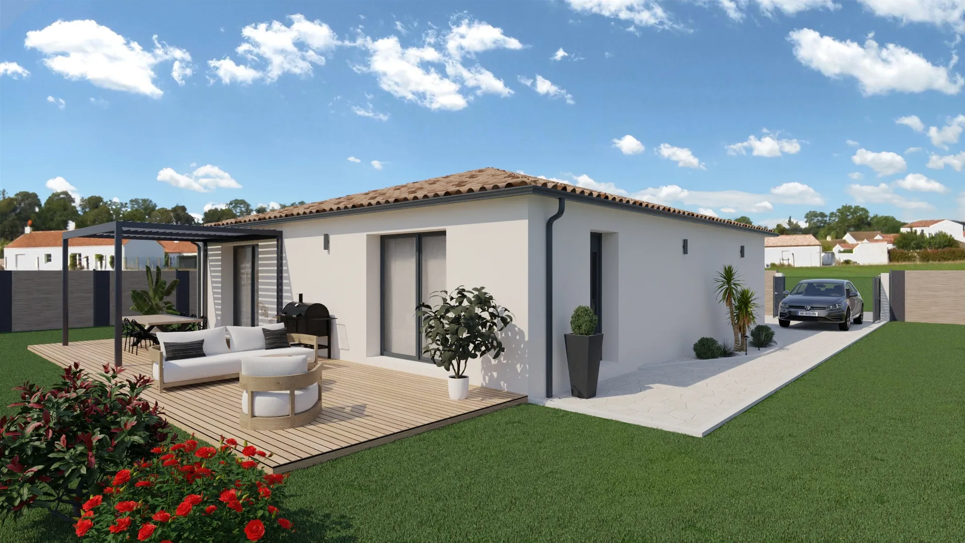 Modèle de maison carré de 90 m² avec garage de 15 m²