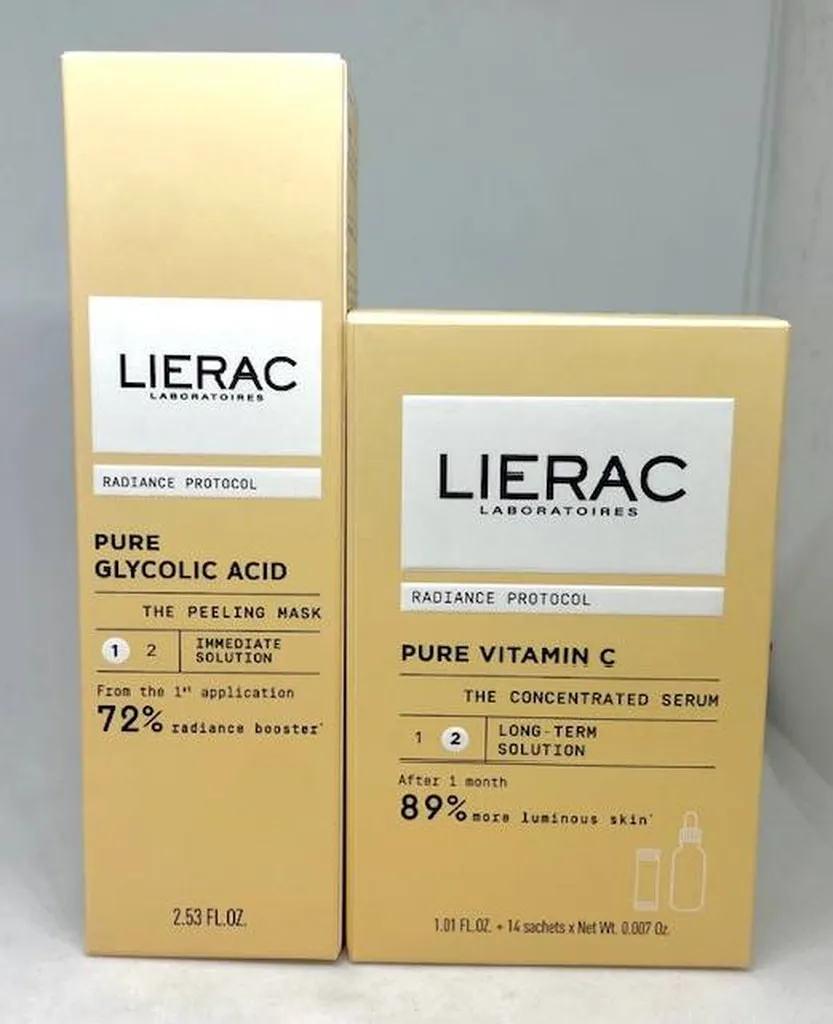Lierac pure glycolic acid masque peeling et son sérum pure vitamine C Radiance Protocol a la pharmacie du petit Bosquet 13012