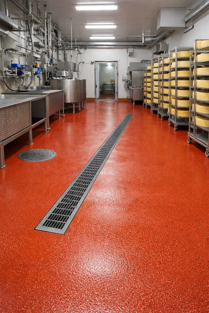 Mise en œuvre d’un système de polyuréthane ciment SIKACRETE haute résistance pour sol de fromagerie soumis à fortes contraintes sanitaires à Paris, à proximité du 11ᵉ arrondissement