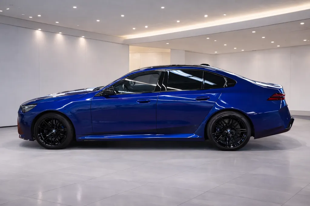 BMW M5 G90 Marina Bay Blau profil showroom premium Asphalte Diffusion