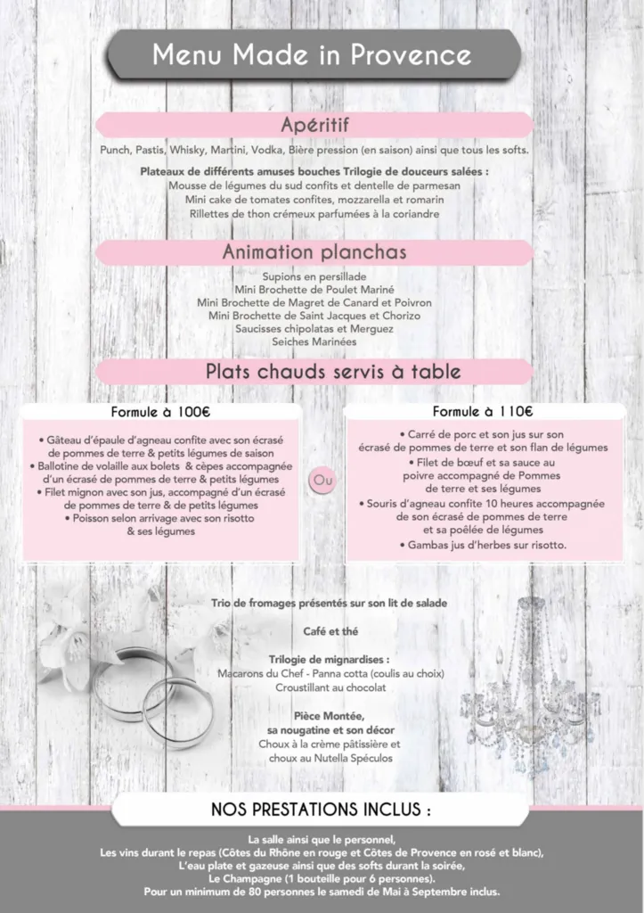 Menus pour réception au Jardin De Laure