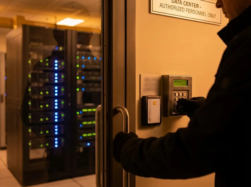 Système contrôle d'accès double authentification, personne utilisant badge crypté et saisie code PIN sur clavier, sécurité entrée salle serveur