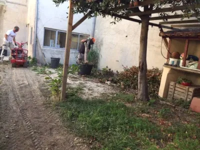 Petit jardin avec mise en place d'une pelouse en rouleau sur Avignon