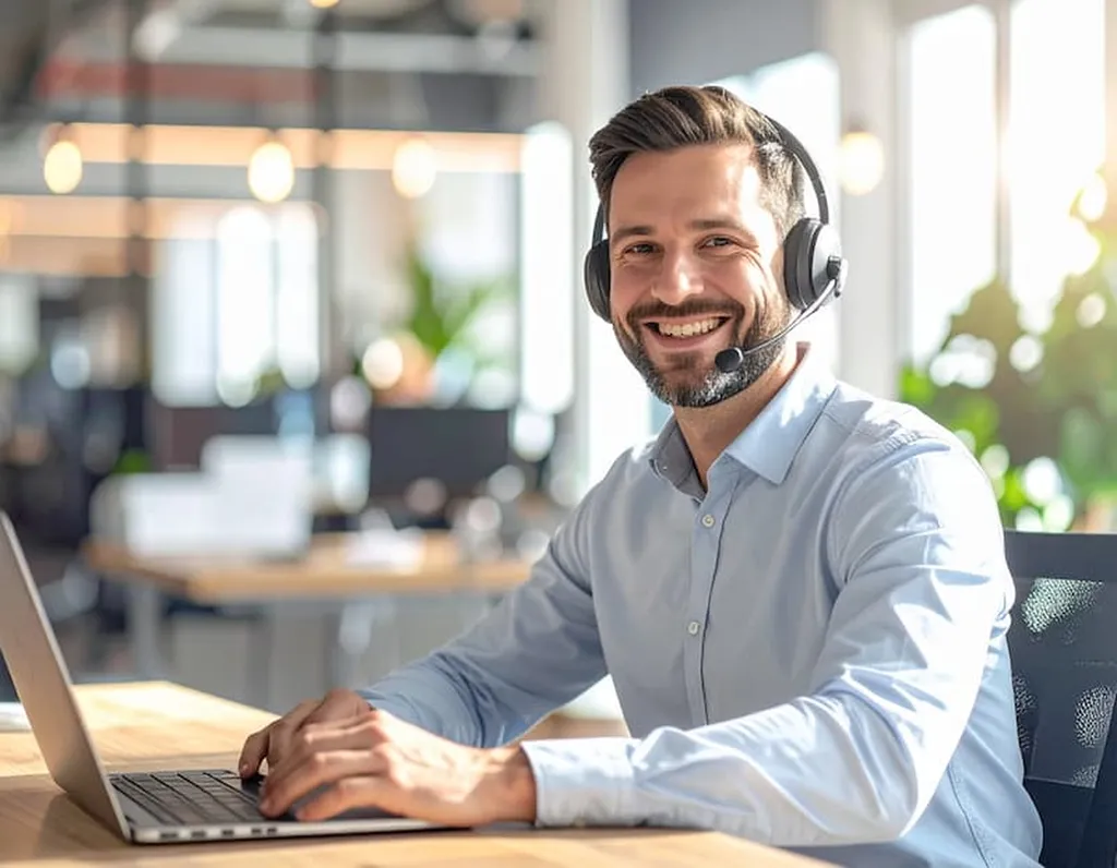 Photographie d'entreprise réaliste d'un professionnel d'une trentaine d'années, portant un casque sans fil moderne, en pleine conversation téléphonique