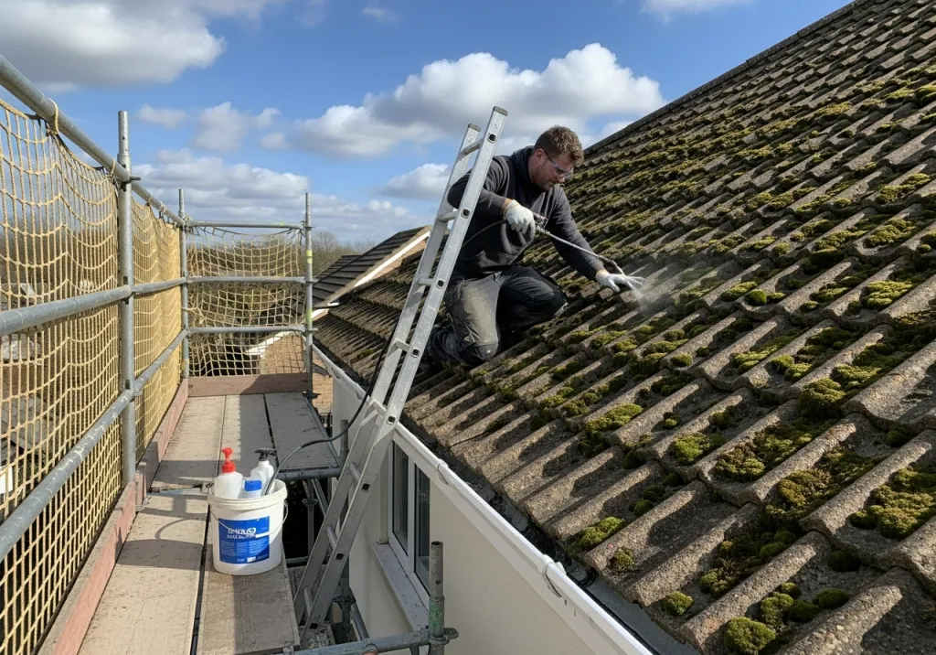 Démoussage toiture tuiles béton et application hydrofuge incolore à Noisy-le-Grand, avec nettoyage de gouttières