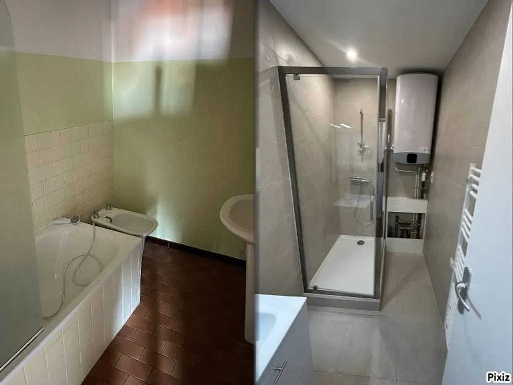 Salle de bain avant/après rénovation globale énergétique d'un appartement en location à Lyon