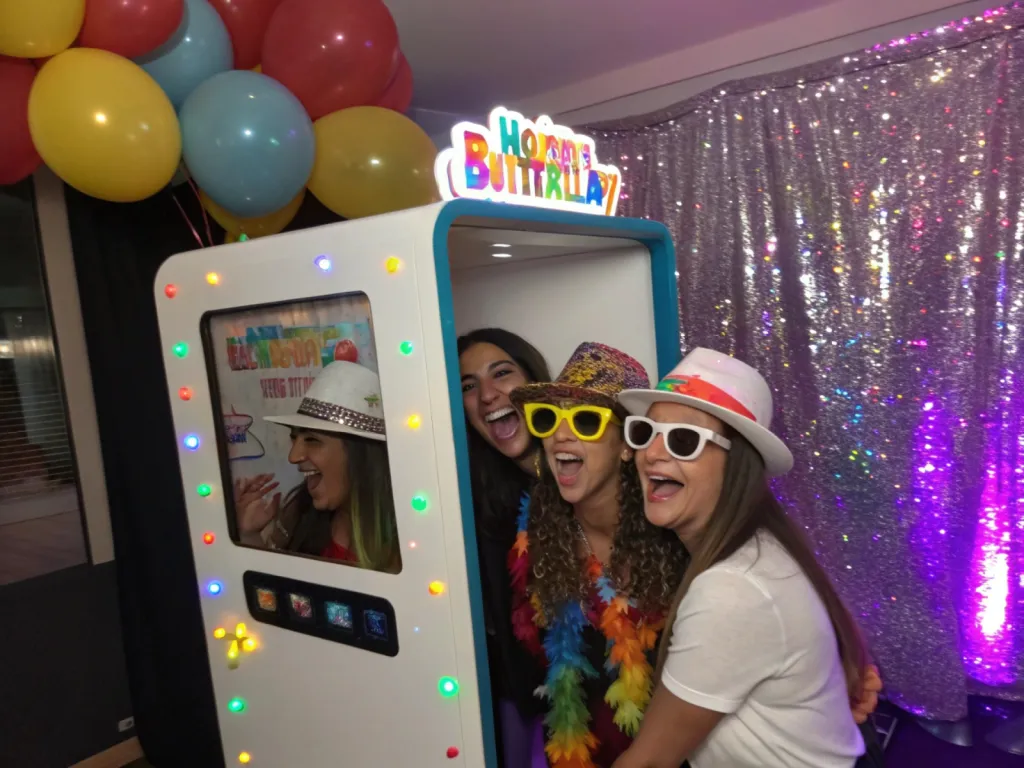 Borne selfie compacte avec tirages papier instantanés et personnalisation graphique pour anniversaire festif à Montpellier dans l’Hérault